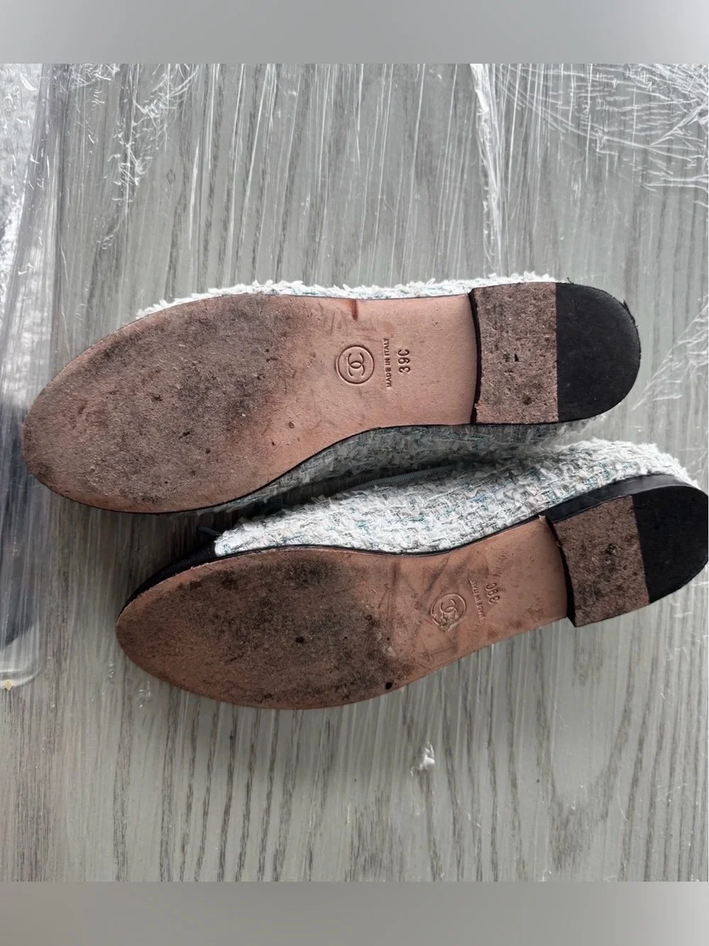 Chanel tweed ballet flats blue and white woven material with black cap toe